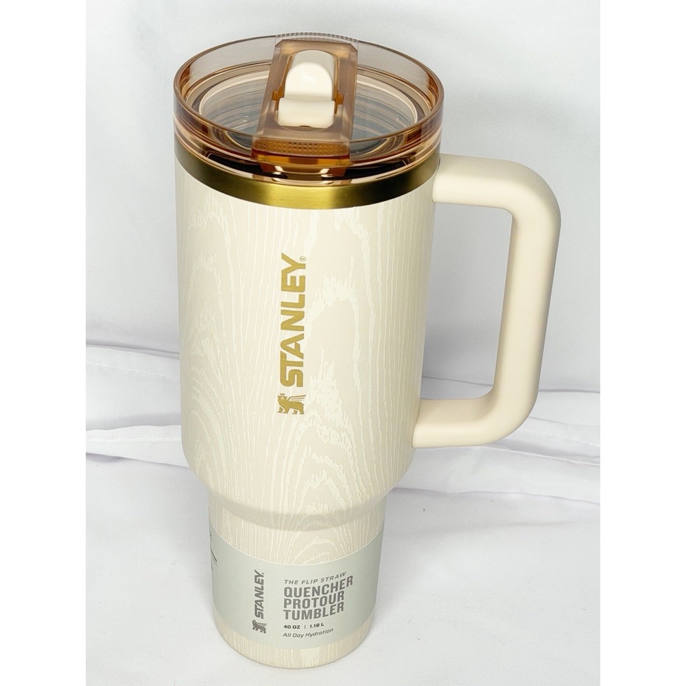 Stanley BIRCH WOODGRAIN 40oz ProTour Flip Straw Quencher Tumbler Cream Gold NWT